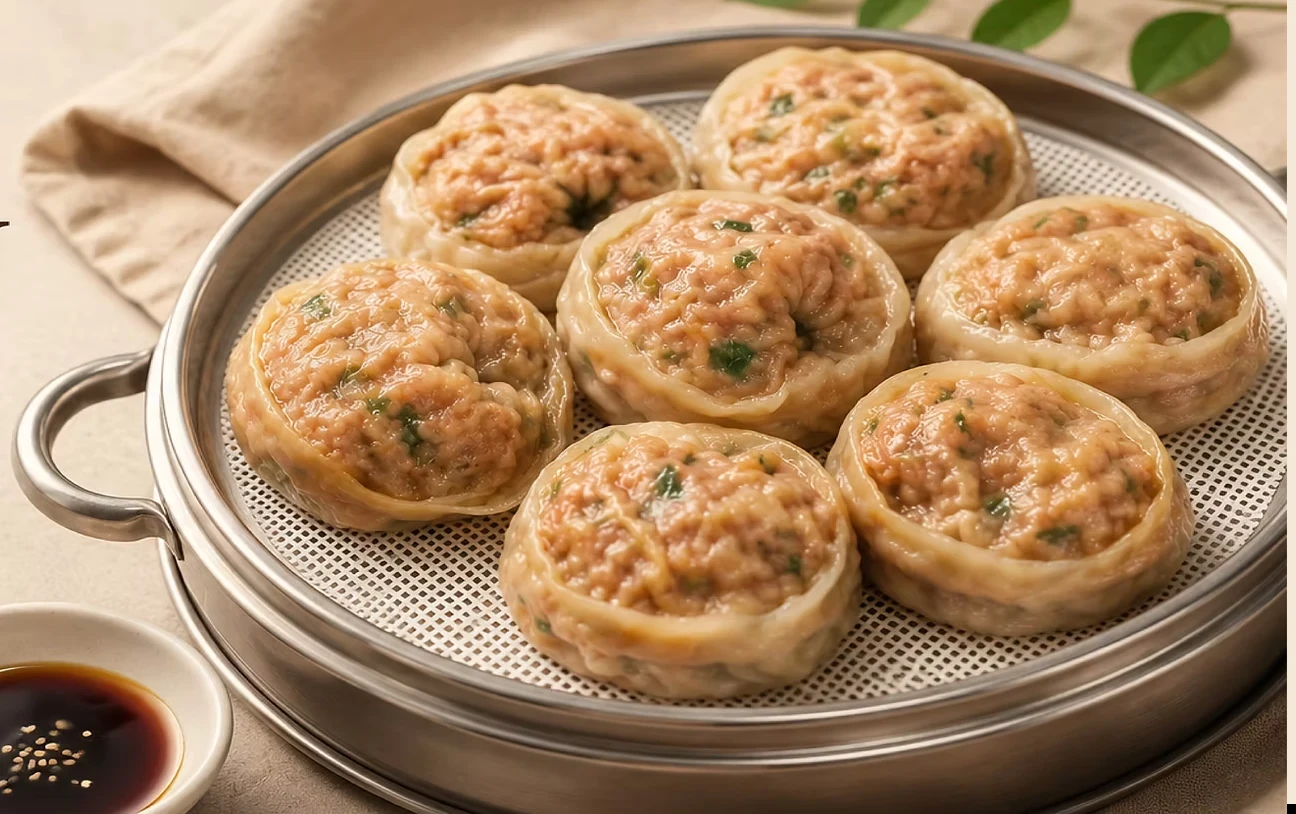 Concept photograph of dumplings in a metal steamer